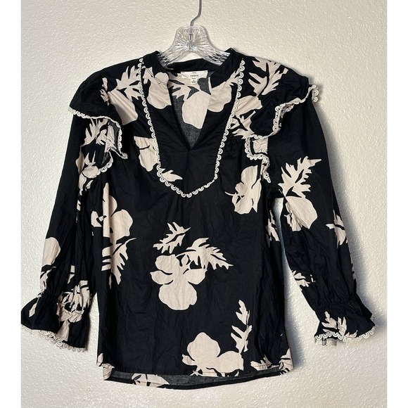 entro Tops - Entro Size S Ruffled V Neck 100% Cotton Black Cream Floral Blouse No Stretch